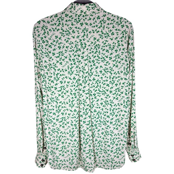 Ganni Leaf Print Crepe Button Down Blouse Top Size 0 Ivory Green Longsleeve - Picture 9 of 14